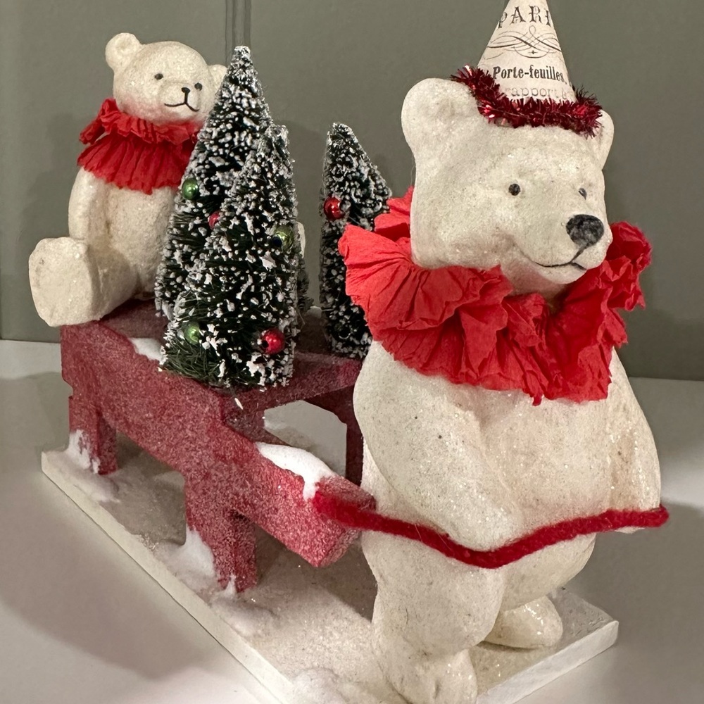 Festive Bethany Lowe Teddy Bears Bottle Brush Trees On Sled